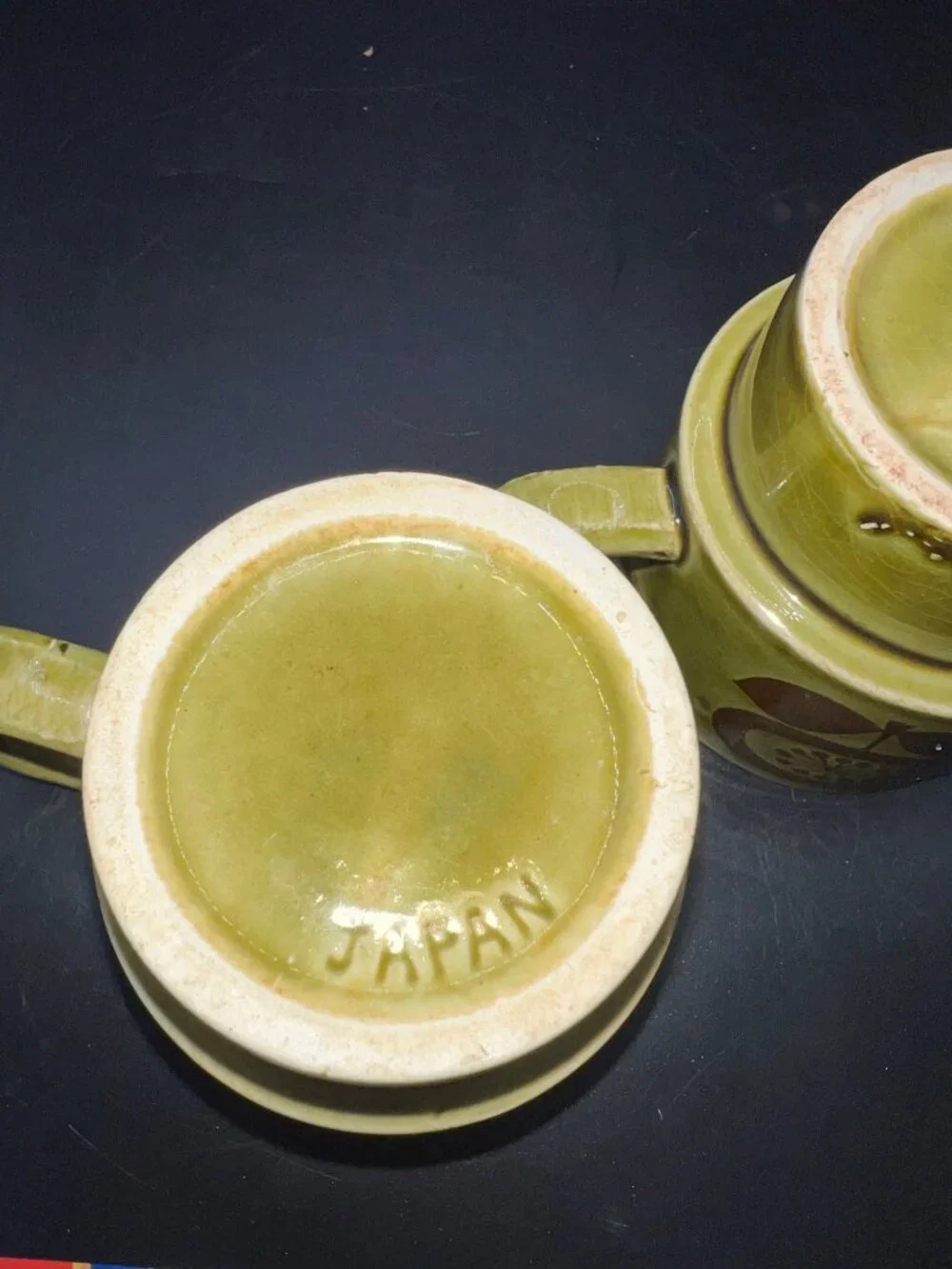 Set Of 2 Vintage Avocado Green Ceramic Stackable Mugs Floral Japan Mid Century